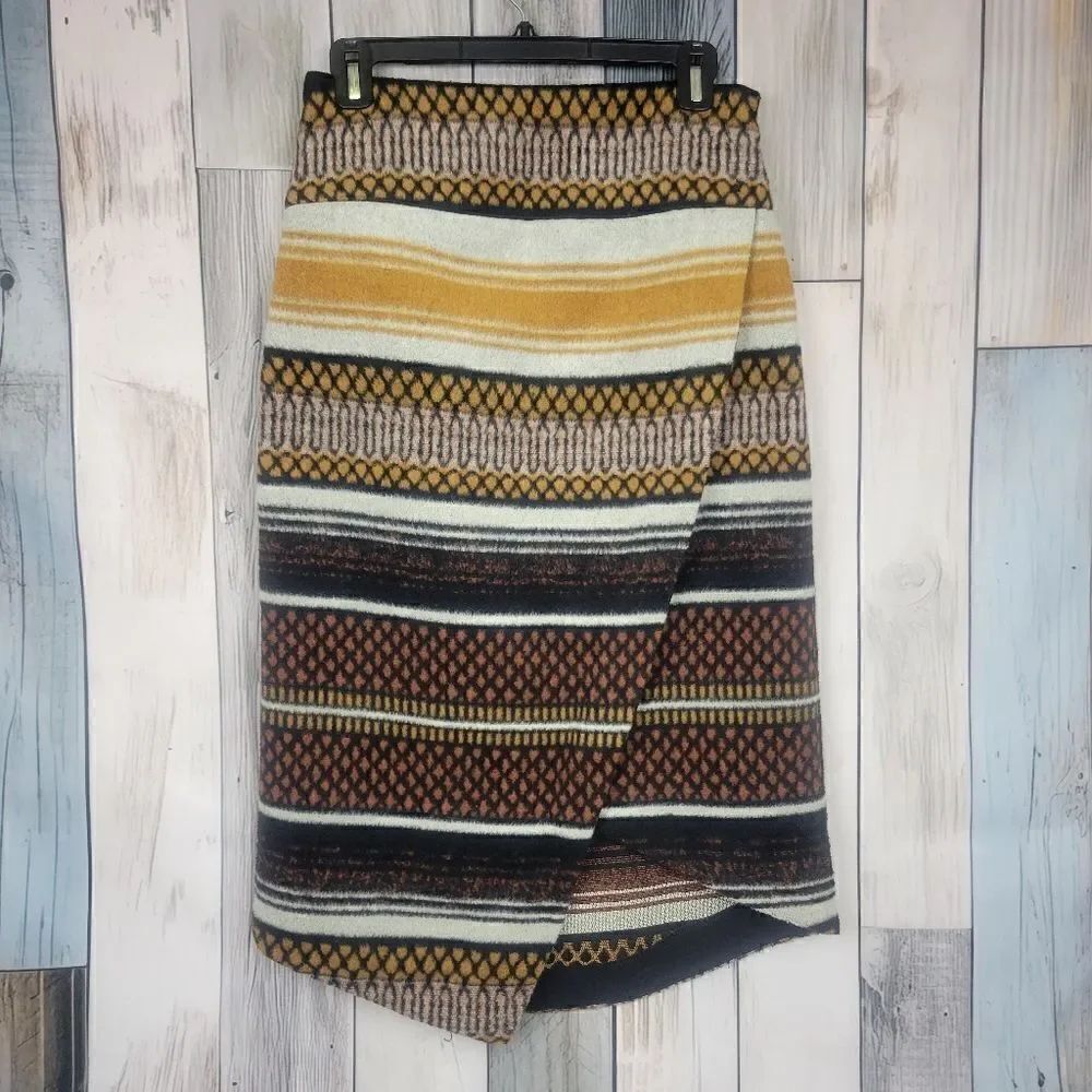 Free People Brown Yellow Striped Faux Wrap Knee High Skirt